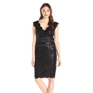 Tadashi Shoji Sequin Lace V-Neck Dress with Ribbon Detail in Black Size 8